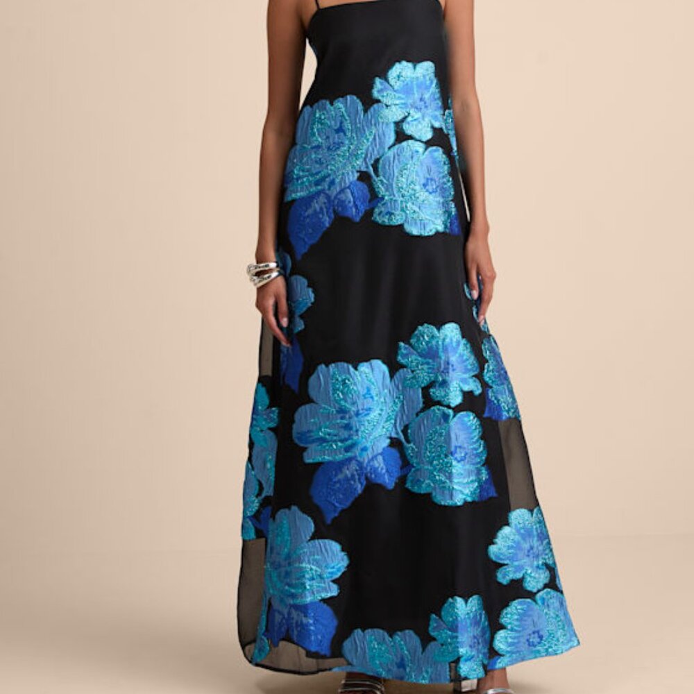 Lulus Yavanna Black And Blue Floral Jacquard Shift Maxi Dress - Size S